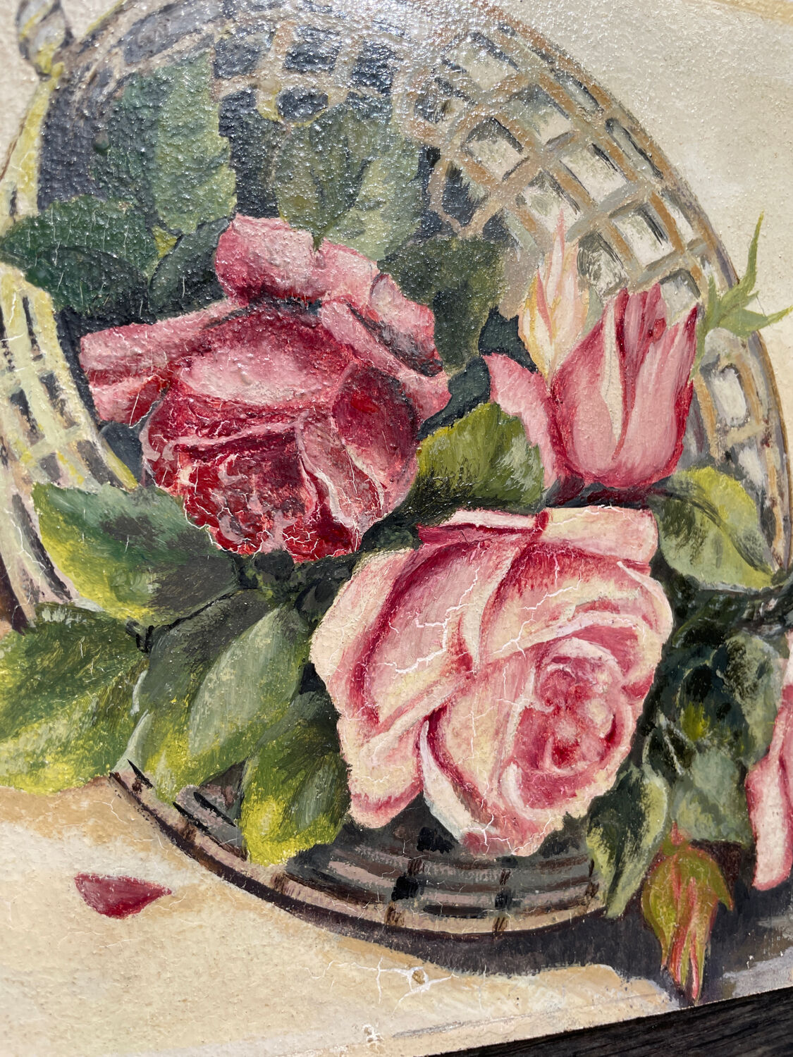 Painting basket of roses bouquet 1945 signed
