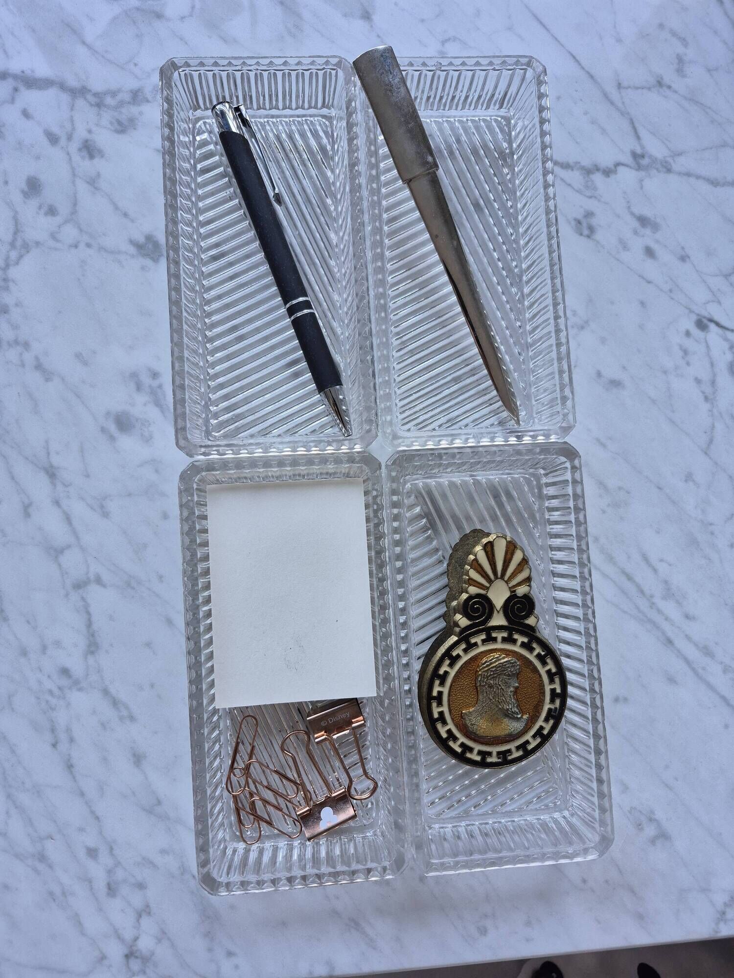 Set of 4 small bevelled and striped vintage glass trays / catchalls.