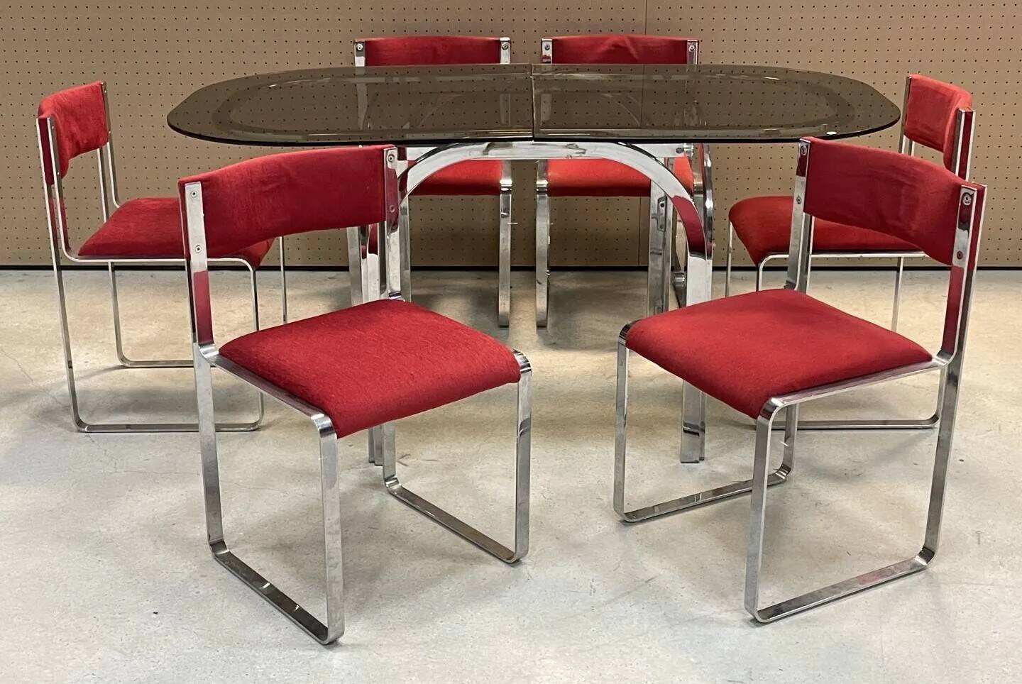 70s dining room set: glass table and 6 chairs