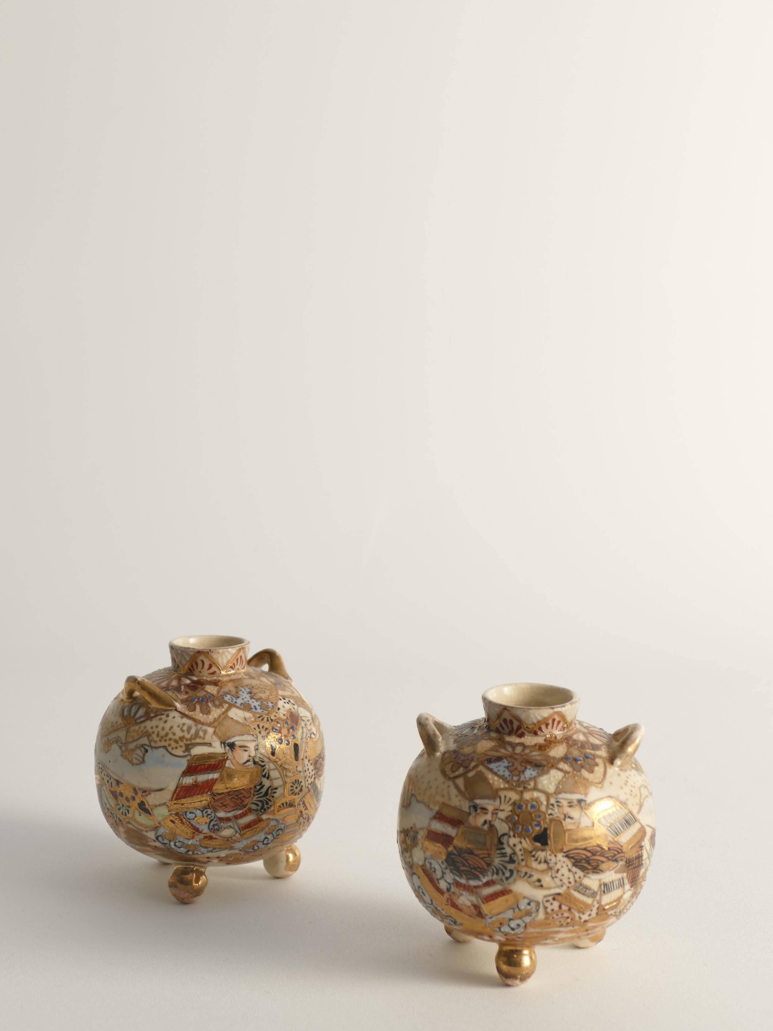 Satsuma Earthenware Vases, Hand-Painted Polychrome, Japan, Set of 2