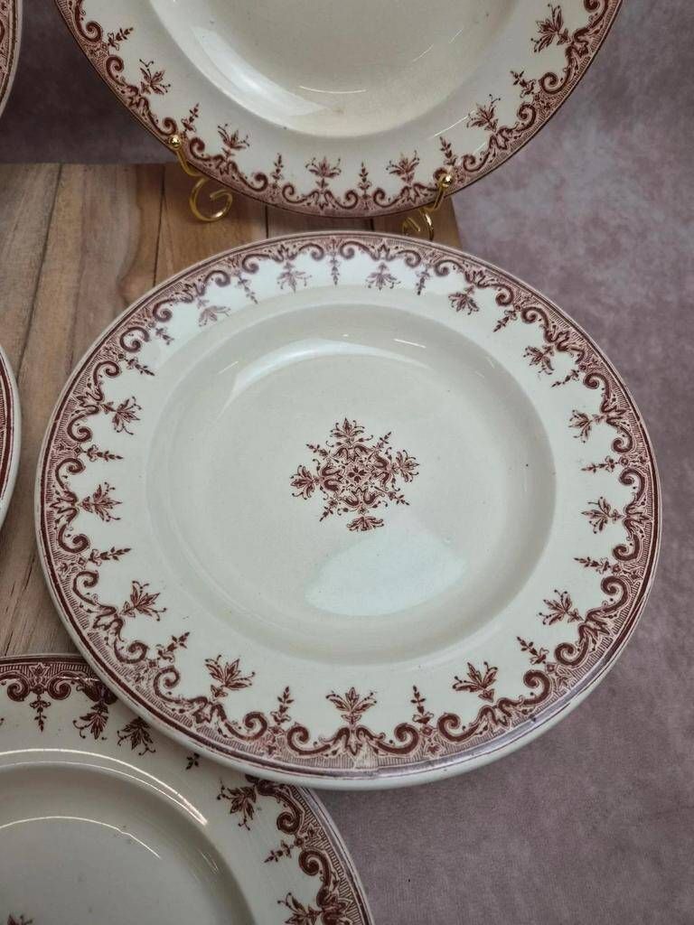 Set of 5 deep plates Terre de Fer Clairefontaine Rouen sepia 19th century