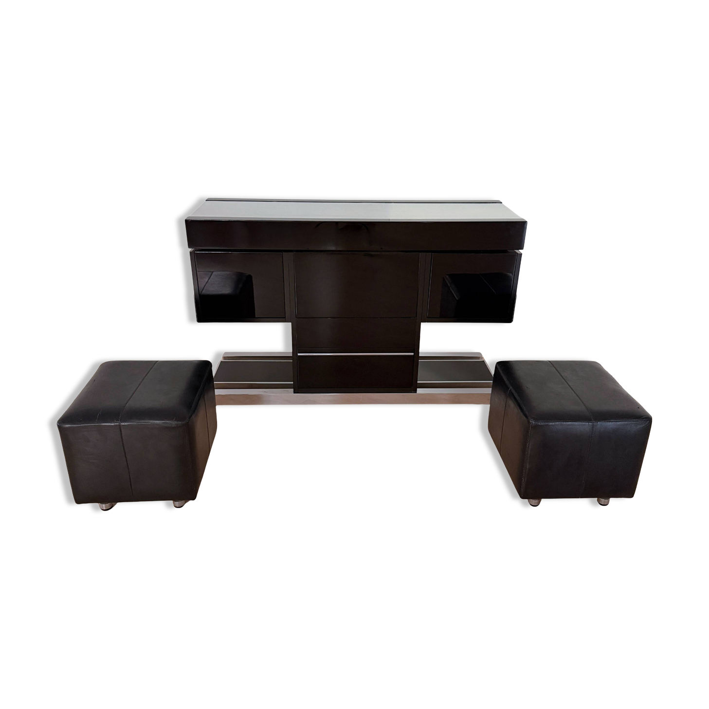 Willy Rizzo Dry Bar, Black Lacquer, Chrome, Leather, Italy circa 1970