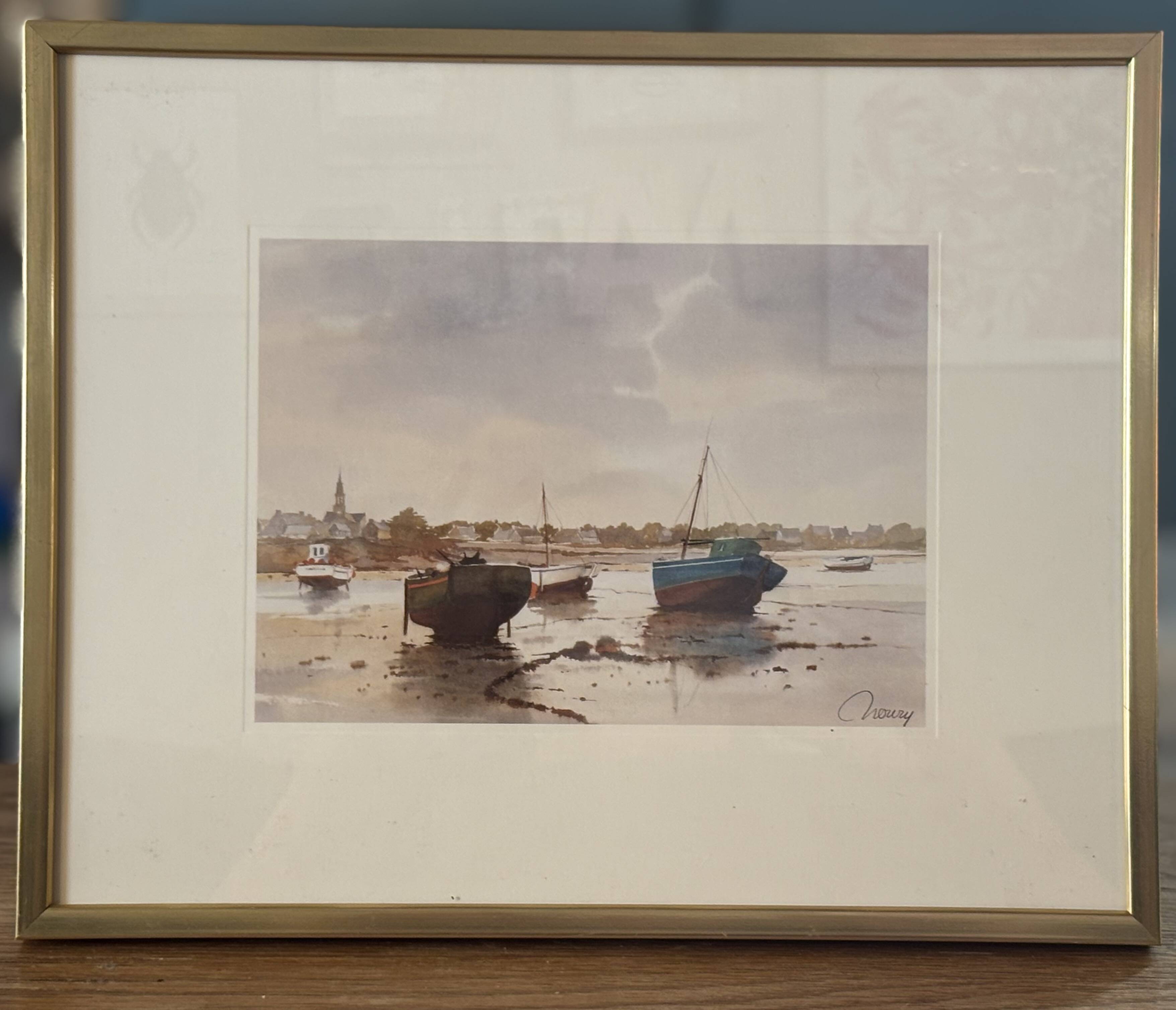 Marine print signed Noury - stranded boats - seaside spirit