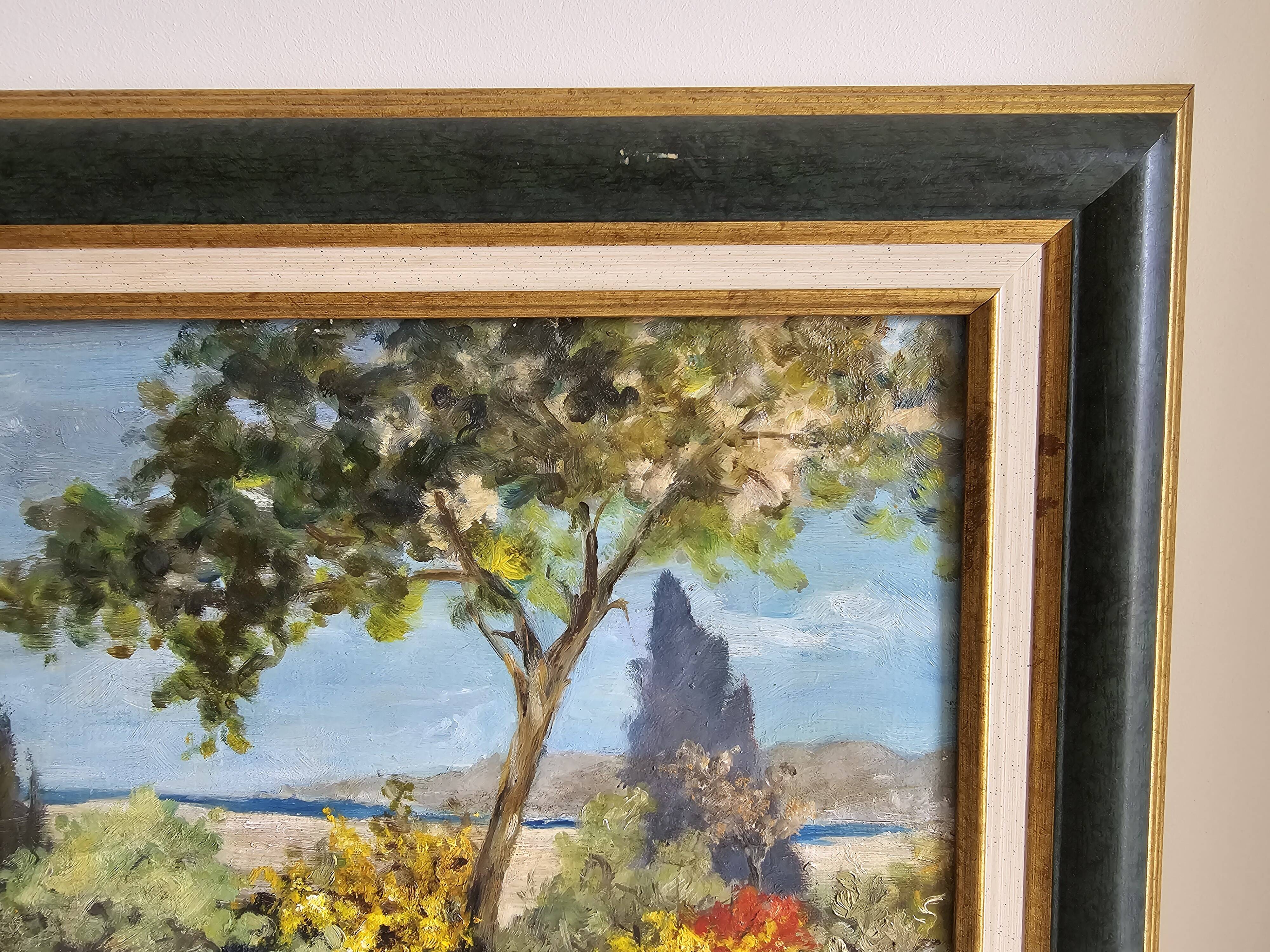 Oil painting on Isorel - Mediterranean landscape with Mimosa, signed Greuillet.