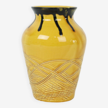 Small Vintage Glazed Vase Yellow Orange Black Pattern Relief 1970s