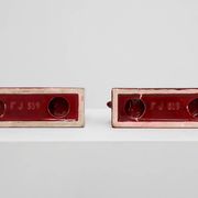 Pair of red glazed ceramic Bison ox bookends in Art Deco style, Belgium