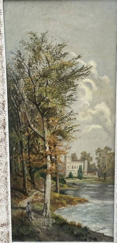 Oil on panel, animated landscape of a walker, Signed Ramos, early 20th century