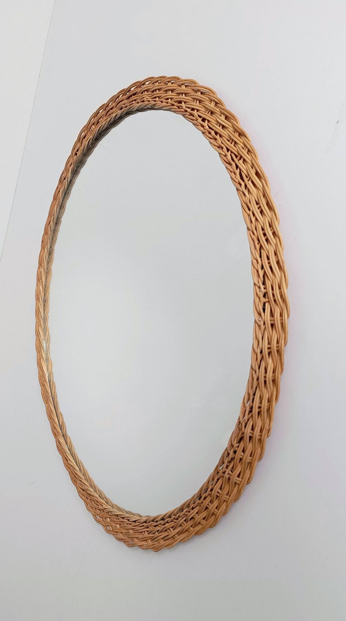 Rustic French Provence Wicker Round Mirror, Mid-Century, Handmade, France