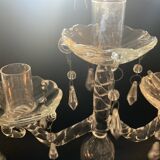 Bougeoir ancien en verre soufflé torsadé – 3 bras avec pampilles