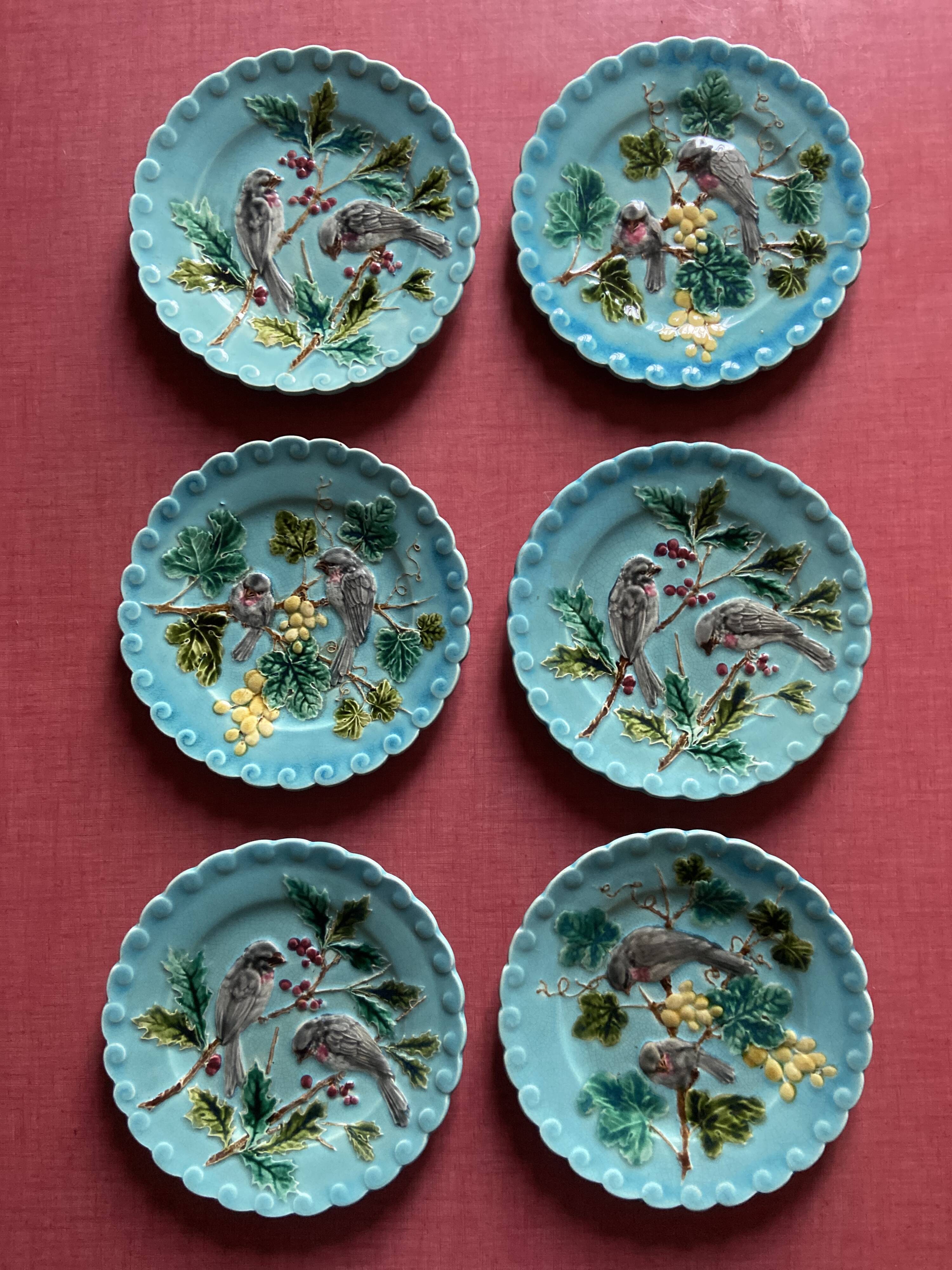 Set of 6 Barbotine Plates Sarreguemines Turquoise - Birds & Fruit