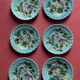 Set of 6 Barbotine Plates Sarreguemines Turquoise - Birds & Fruit