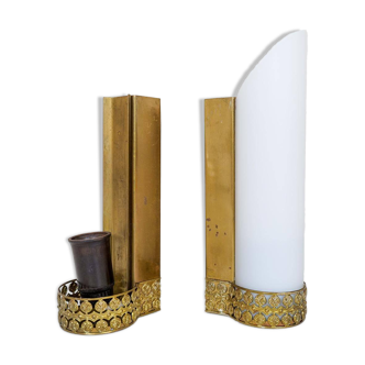 Pair of wall lamps in brass and opaline in mid-century style attributed to Asea Sweden.