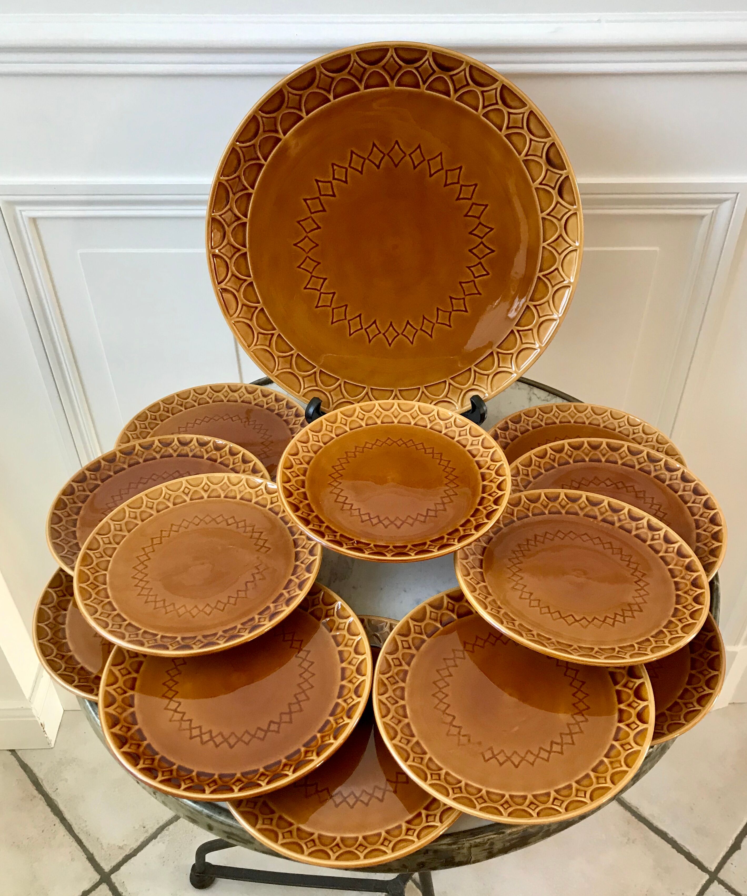 Dessert service Sarreguemines in slurry flat cake and 12 dessert plates 60s