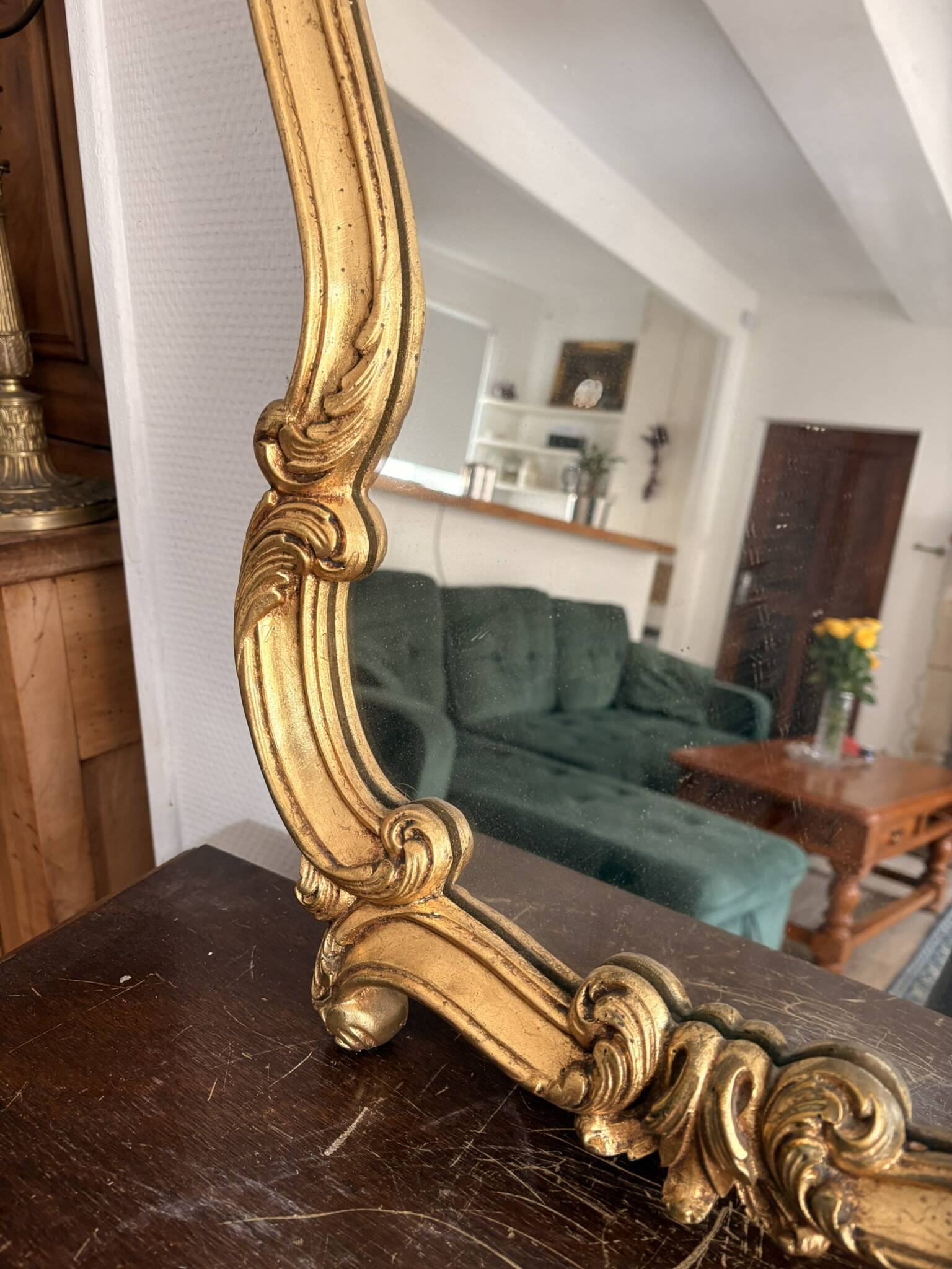 Antique gilded wall mirror, wood, Rocaille, Rococo, Louis XV, shell