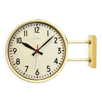 Vintage beige double sided school or station wall clock from van doorn, 1960s