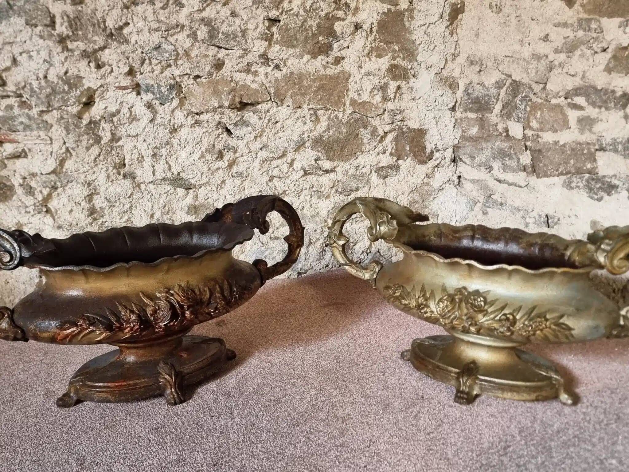 Large antique cast iron planter on a stand, brown-gold patina, France, circa 1900.