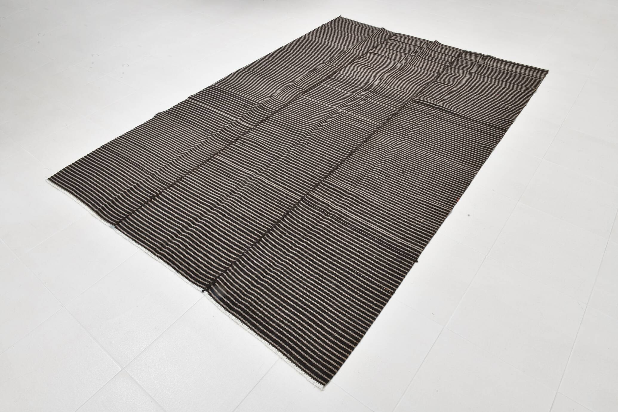 6x9 Gray & Black Striped Vintage Kilim Rug, 183x269Cm