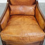 Cognac-Colored Sheepskin Leather Art Deco Design Chair Combined with Wood