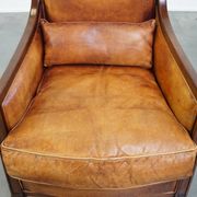 Cognac-Colored Sheepskin Leather Art Deco Design Chair Combined with Wood