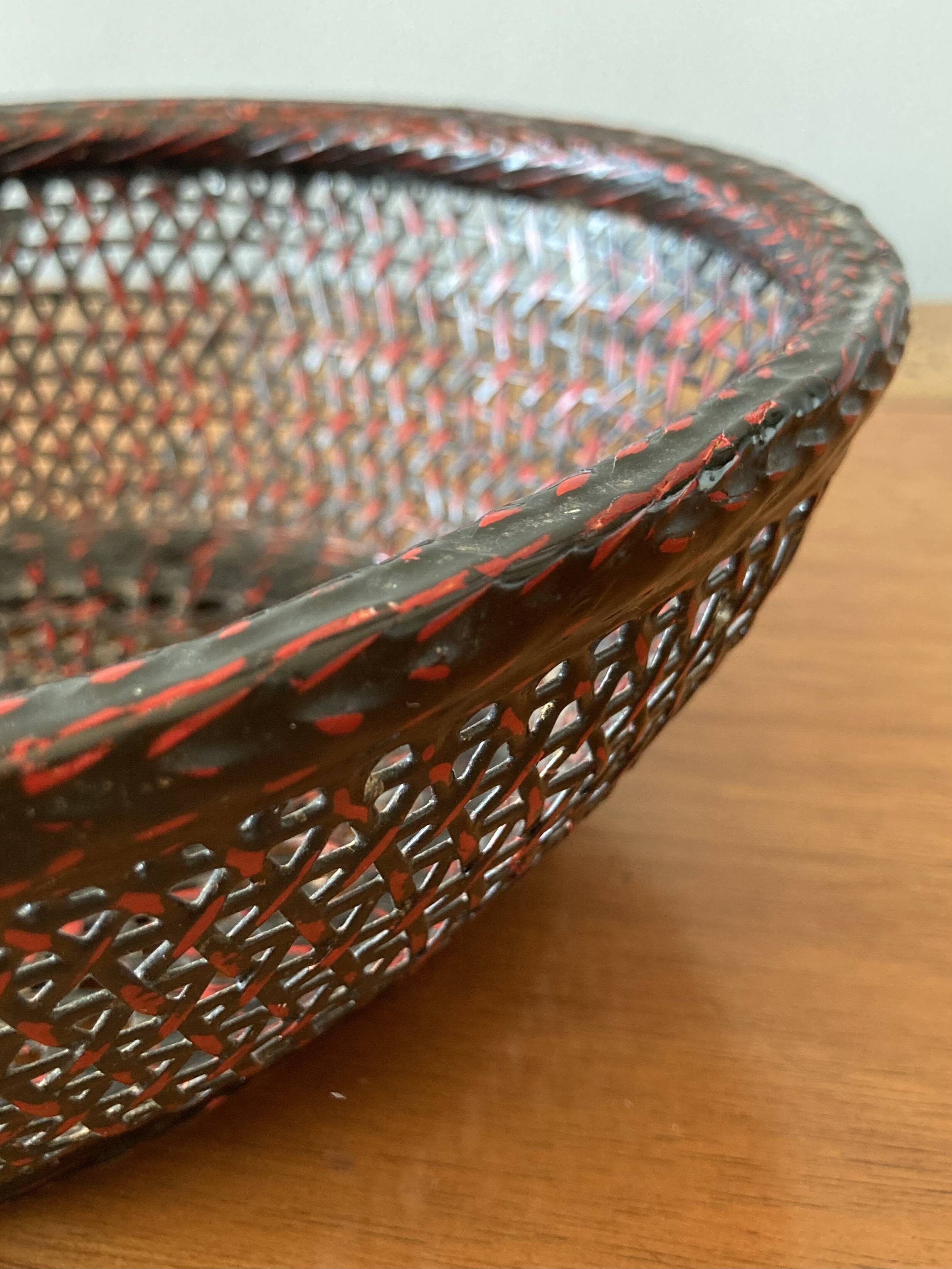 Japanese oval basket in negoro lacquered basketry (red lacquer on black background)