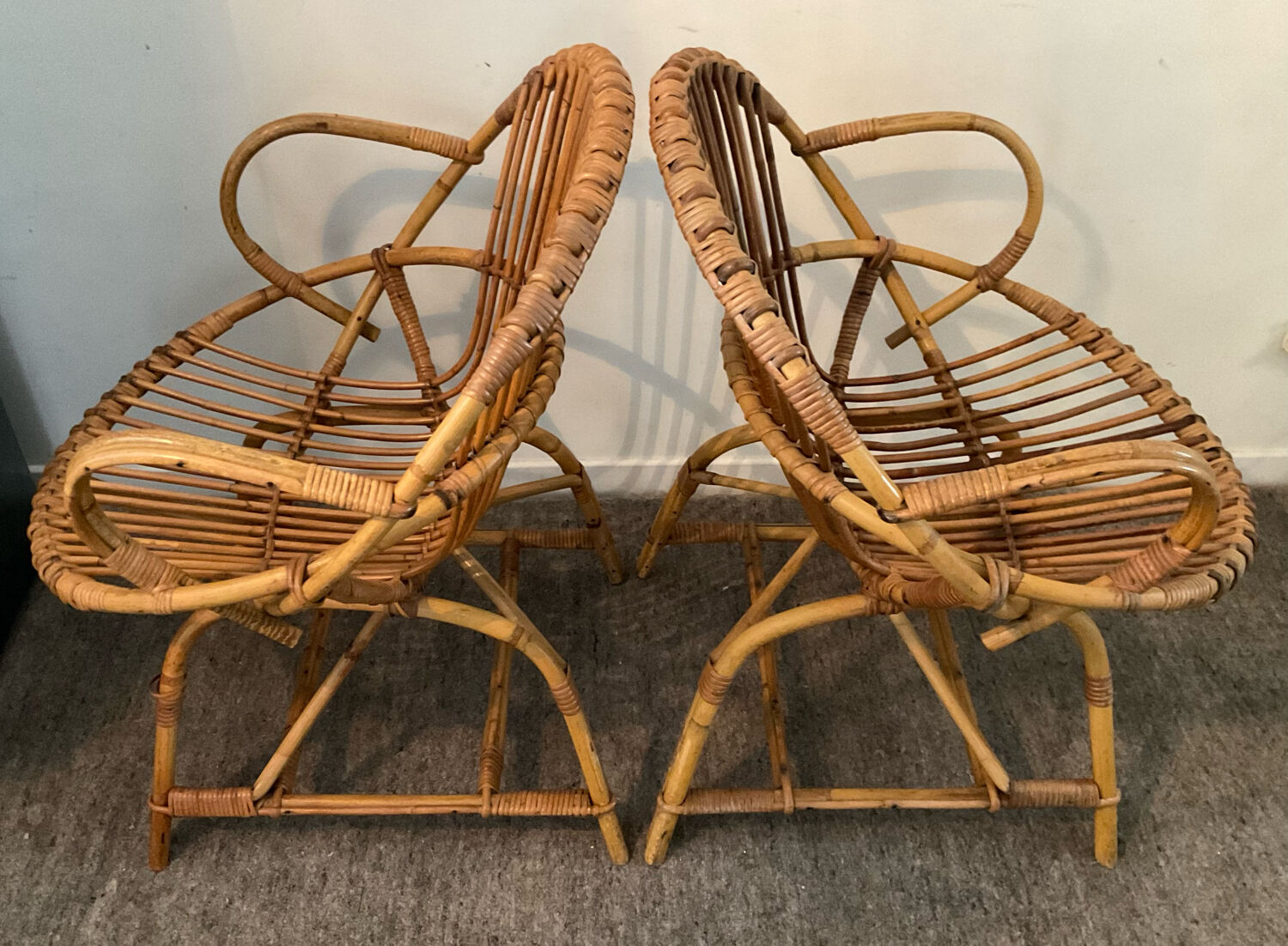 Pair of rattan shell armchairs 60s