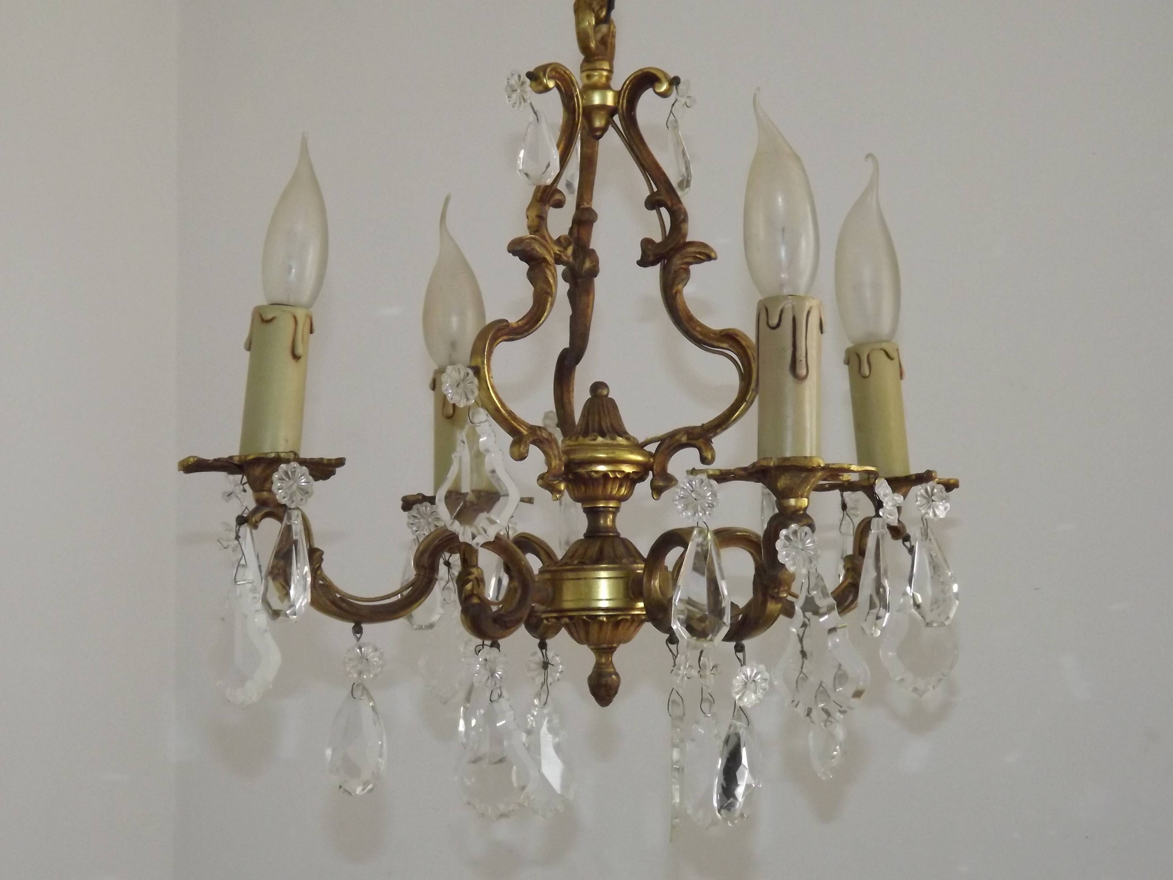 French Antique Art Nouveau 4 Light 3 Side Brass Crystal Cage Chandelier
