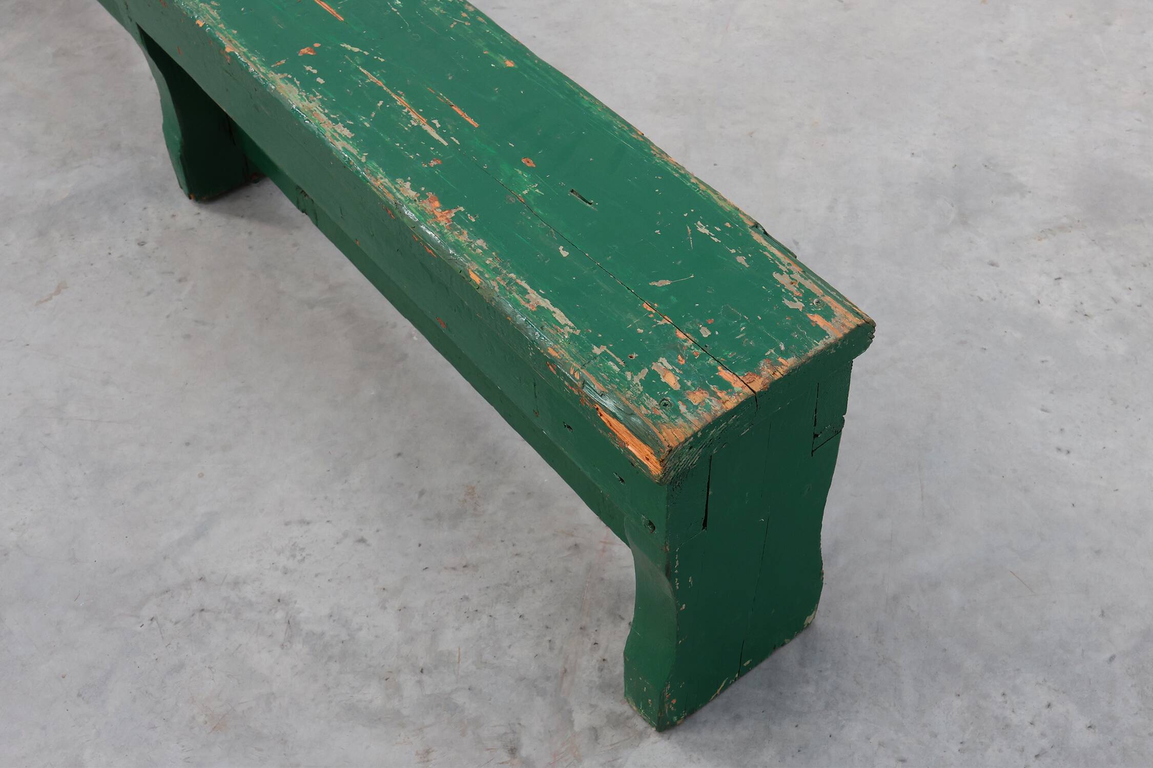 Rustic primitive green farmhouse bench in solid oak, France ca. 1900