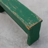 Rustic primitive green farmhouse bench in solid oak, France ca. 1900