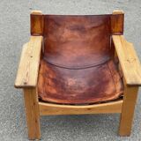 Safari chair in pine and leather, first edition attributed to Karin Mobring, 1970s
