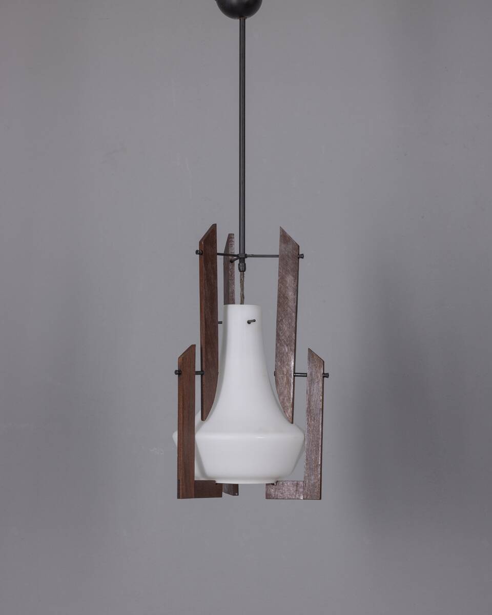 VINTAGE 1950S WOOD AND GLASS CHANDELIER DESIGNED BY ICO PARISI