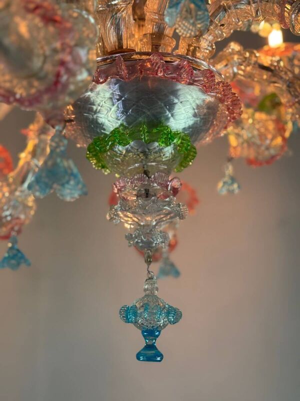 Lustre vénitien Rezzonico en verre de Murano multicolore, 9 bras de lumière, vers 1940