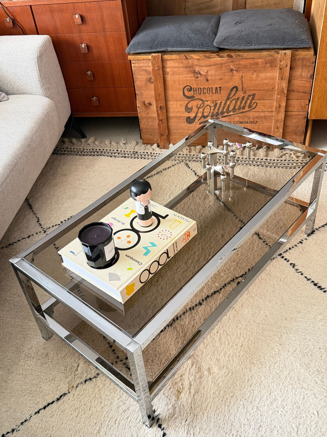 Table Basse Vintage Chrome & Verre Fumé (Style Belgo Chrom)