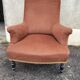 Antique crapaud chair in brown velvet – turned legs and brass rings.