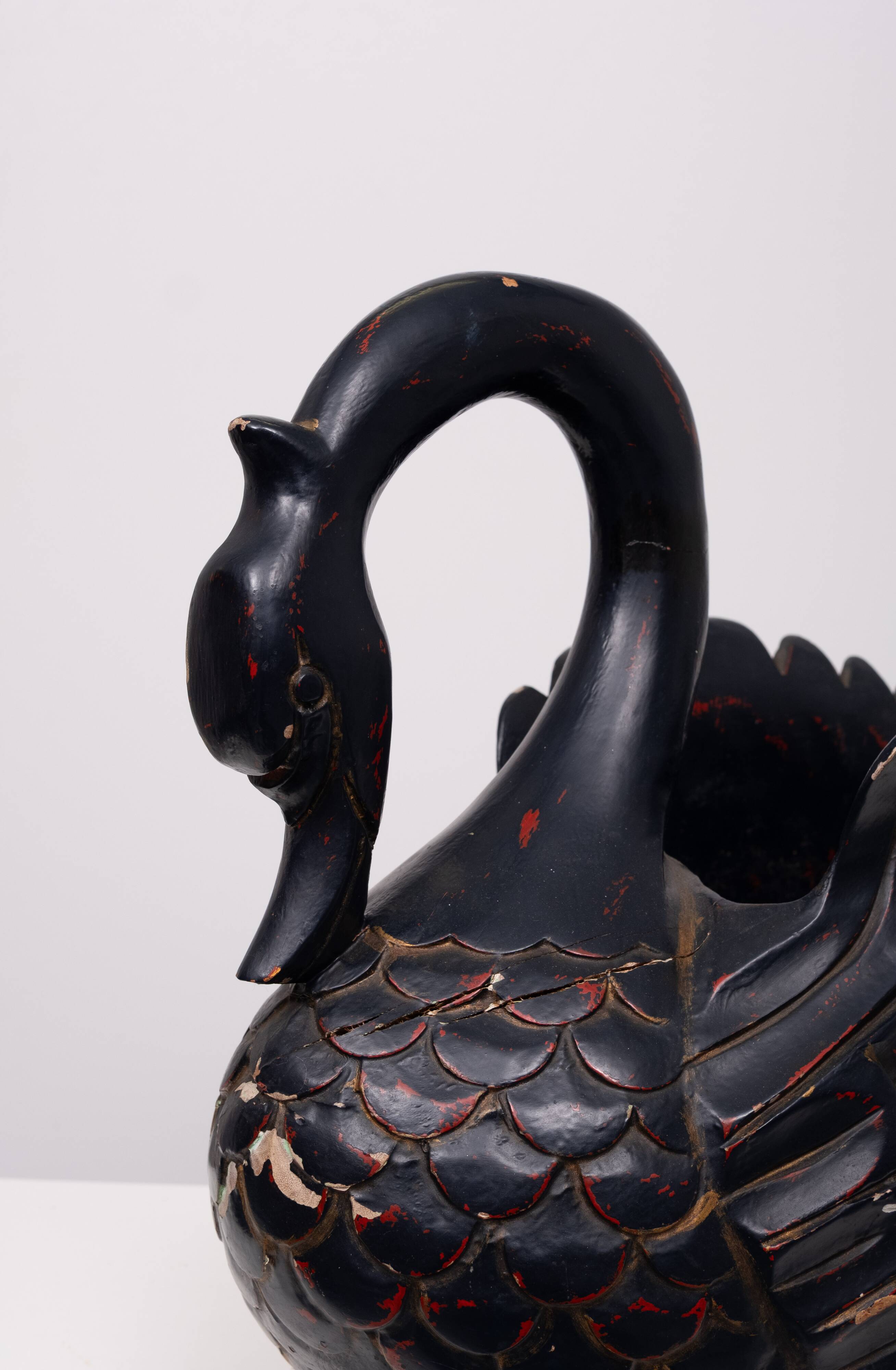 Mid Century Large Black Wooden Swan