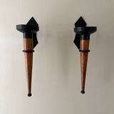 Large 2 Piece Vintage Modernist Iron and Wooden Candle Holders