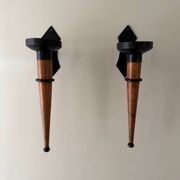 Large set of vintage modernist candle holders in iron and wood, in 2 pieces.