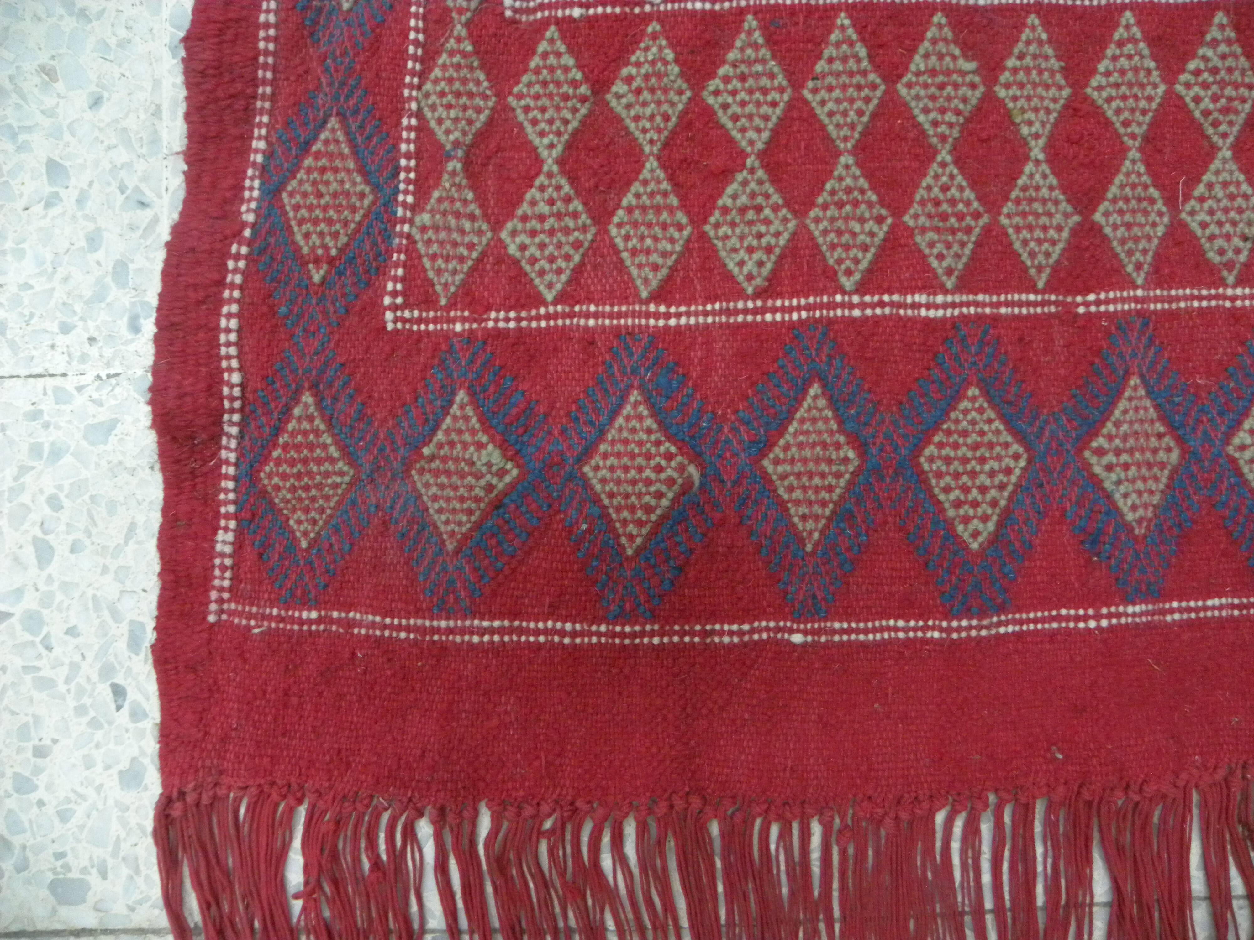 Vintage Tunisian Berber Nomadic Tribal Rug Old Red Diamond Pattern