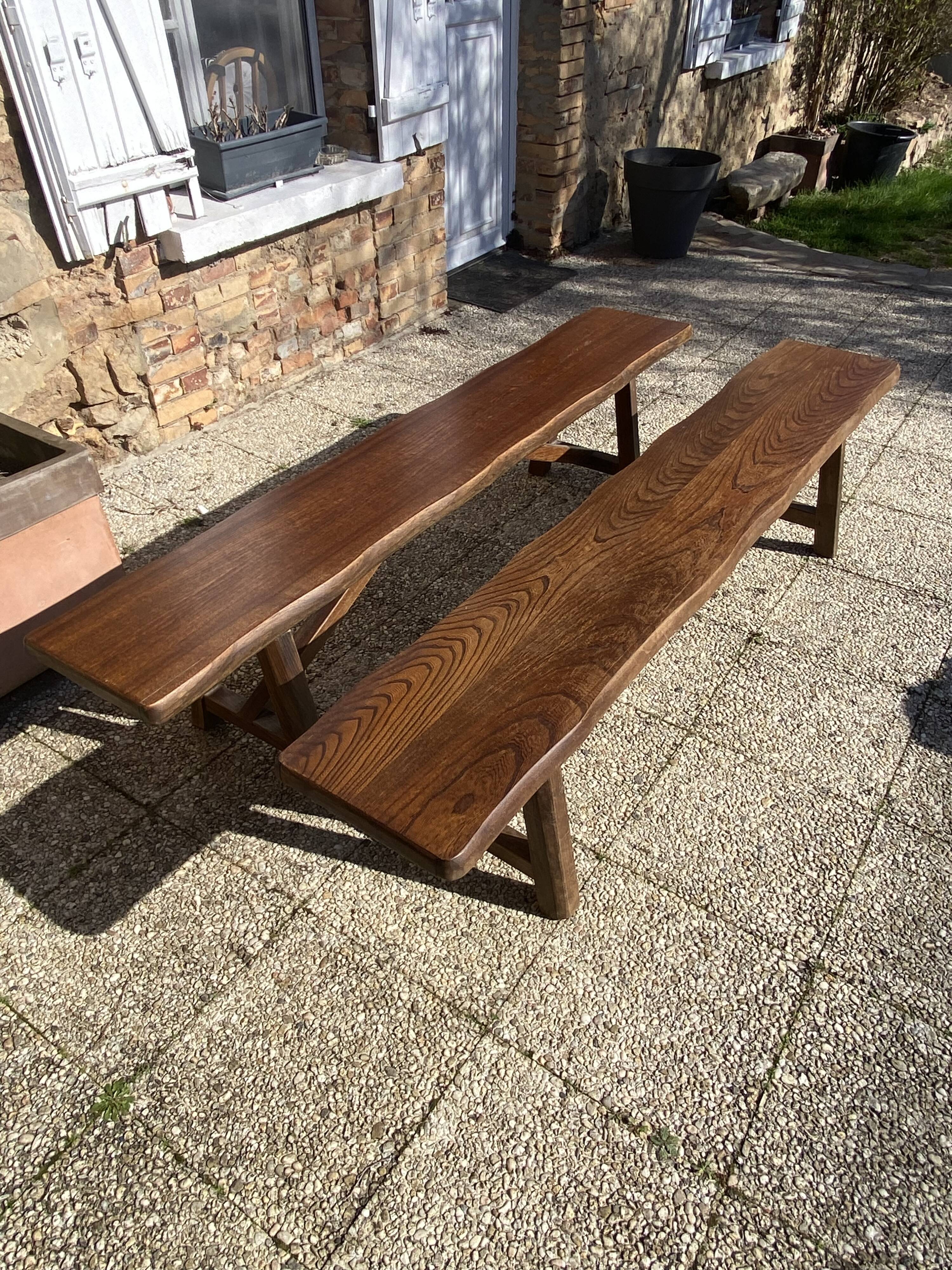 Paire de bancs orme pour table de ferme brutaliste rustique 1950