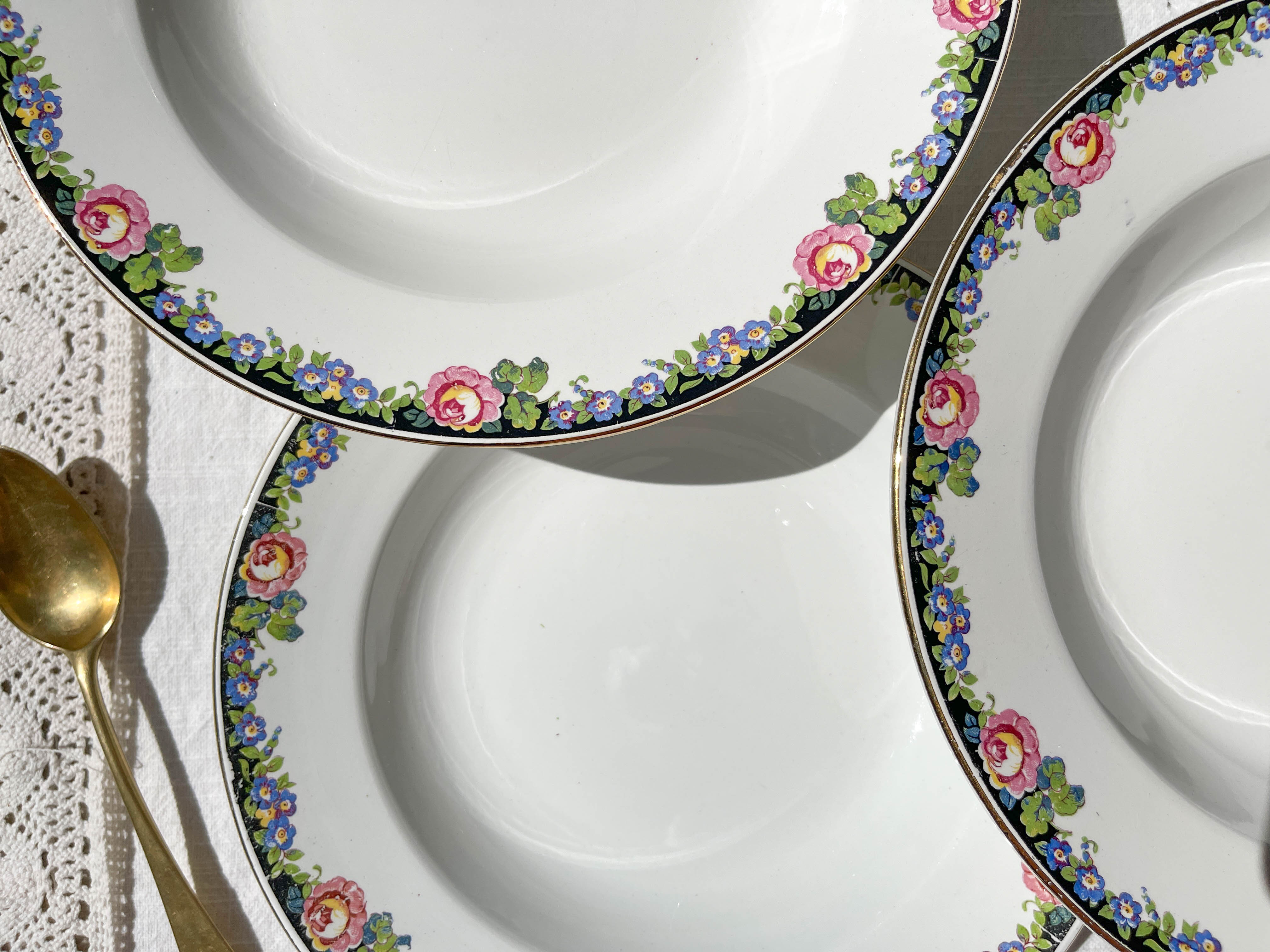 8 Digoin opaque porcelain soup plates with floral pattern "3984" ~