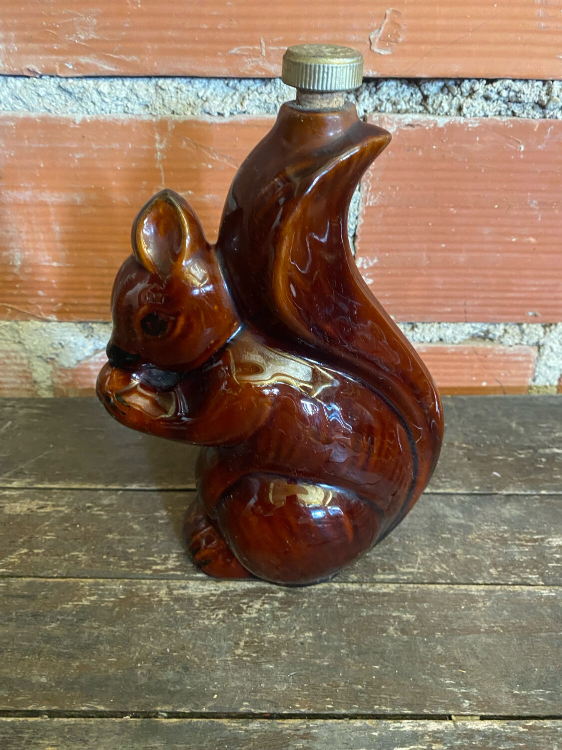 Vintage Brown Glazed Stoneware Squirrel-Shaped Bottle + Cork