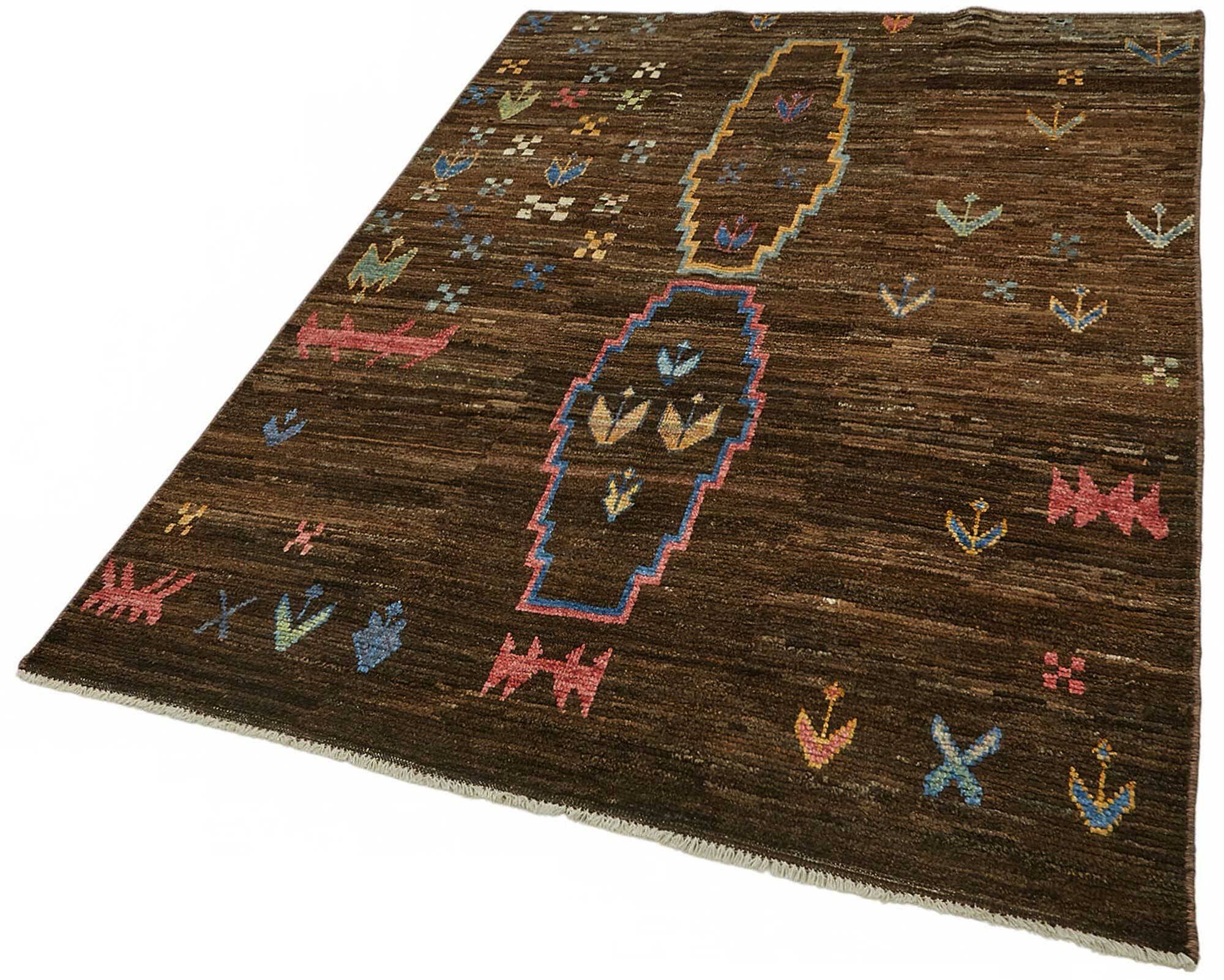 Hand-Knotted Tribal Unique 145 cm x 200 cm Brown Wool Carpet
