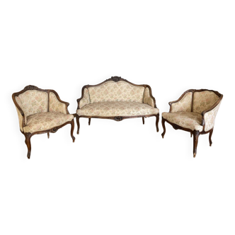 Sofa set + 2 armchairs in solid oak carved in Louis XVI style