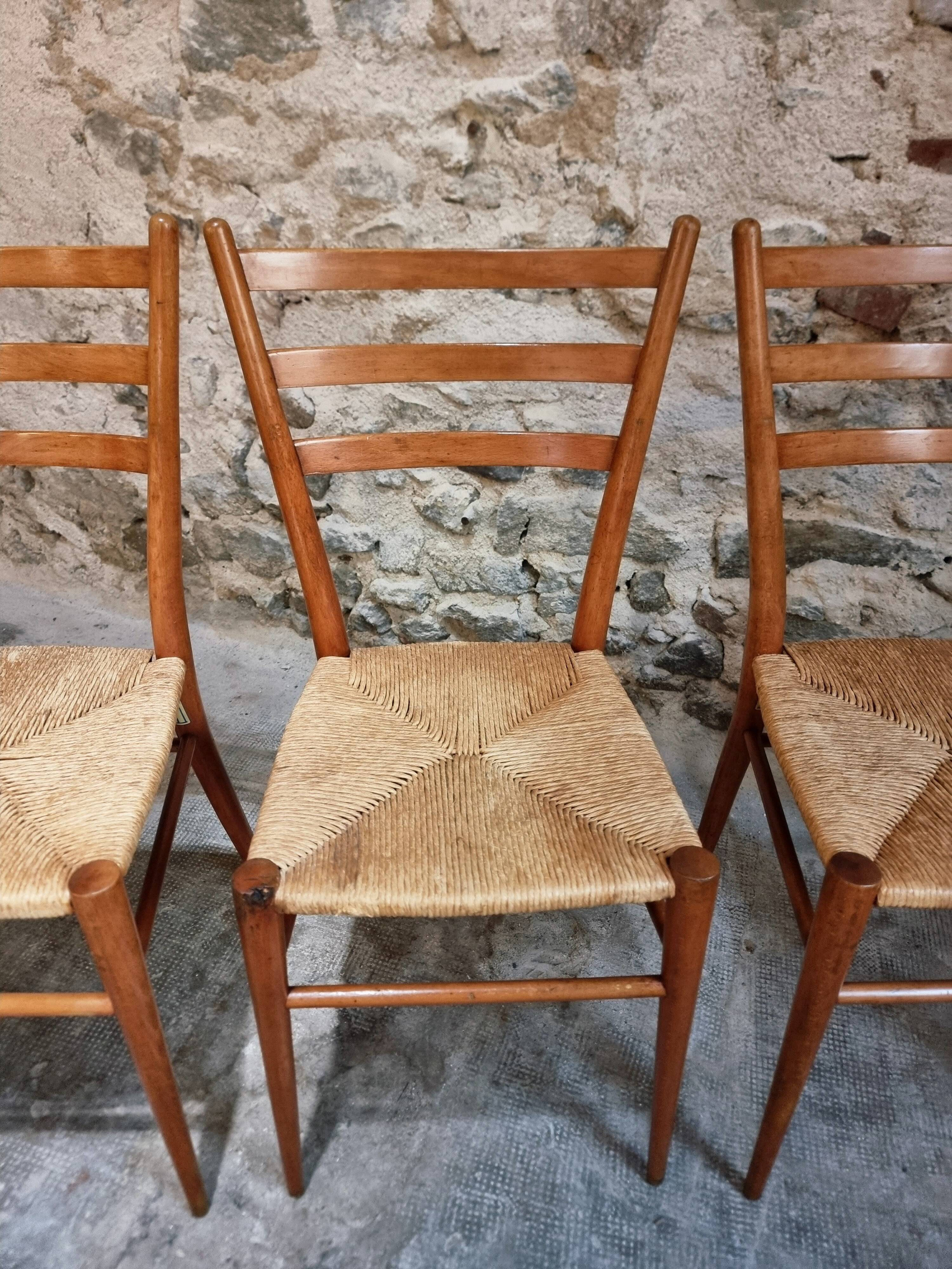 Ensemble de 4 chaises de salle à manger italiennes mid-century avec assises tressées, vers 1950–1970