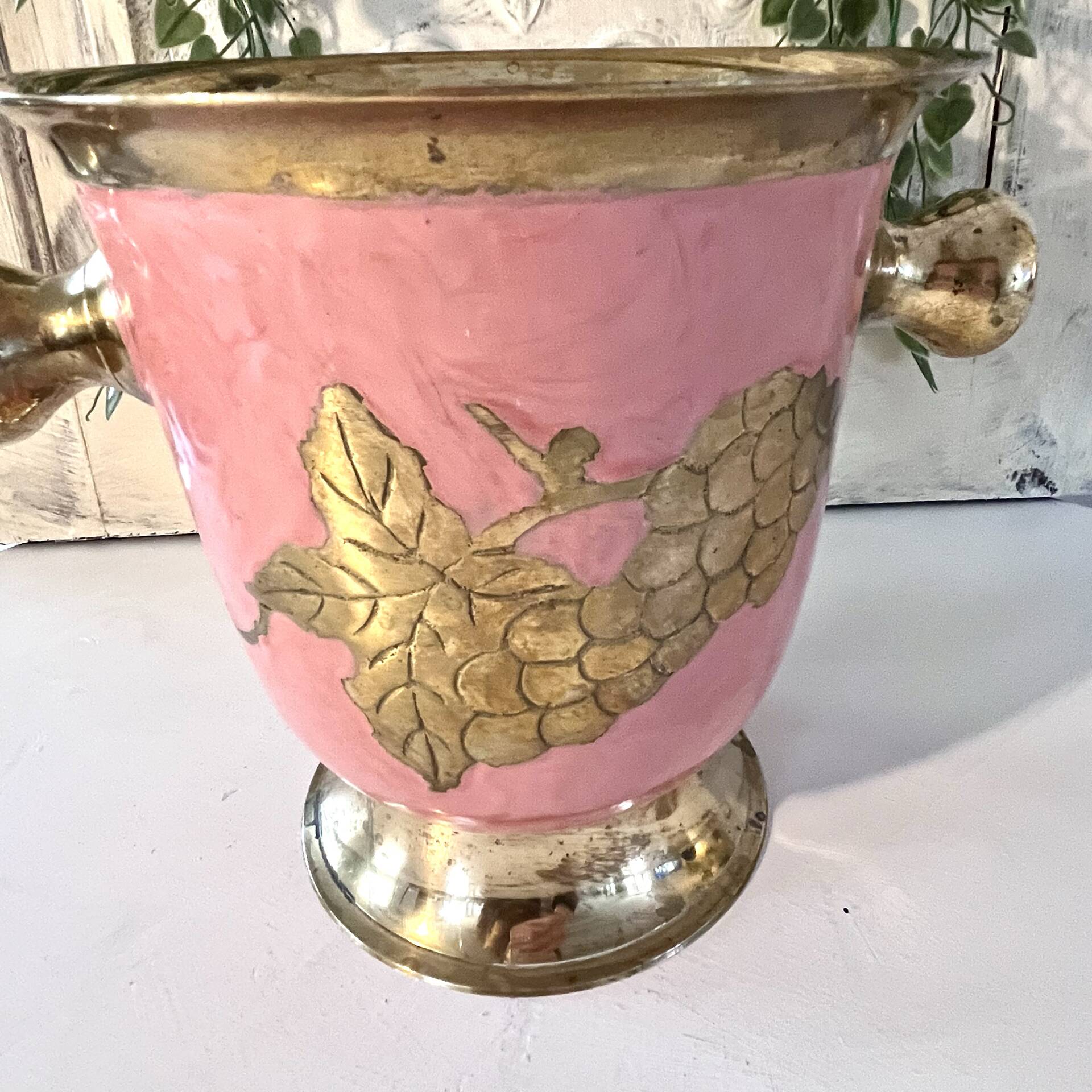Enamel Ice Bucket – Vintage French Pink Gilt Grapevine Champagne Coole