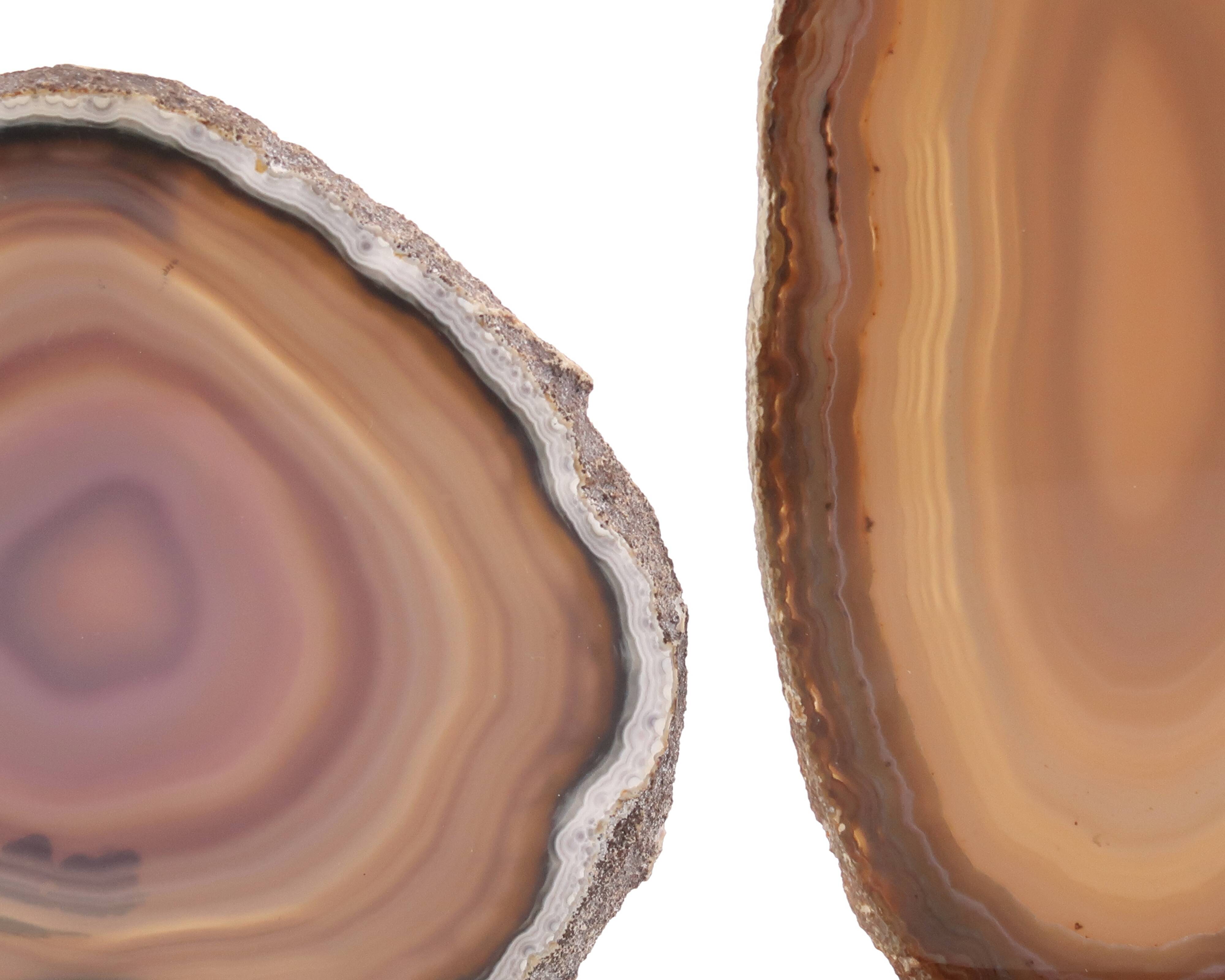 Two agate slices on wooden base, 1970s