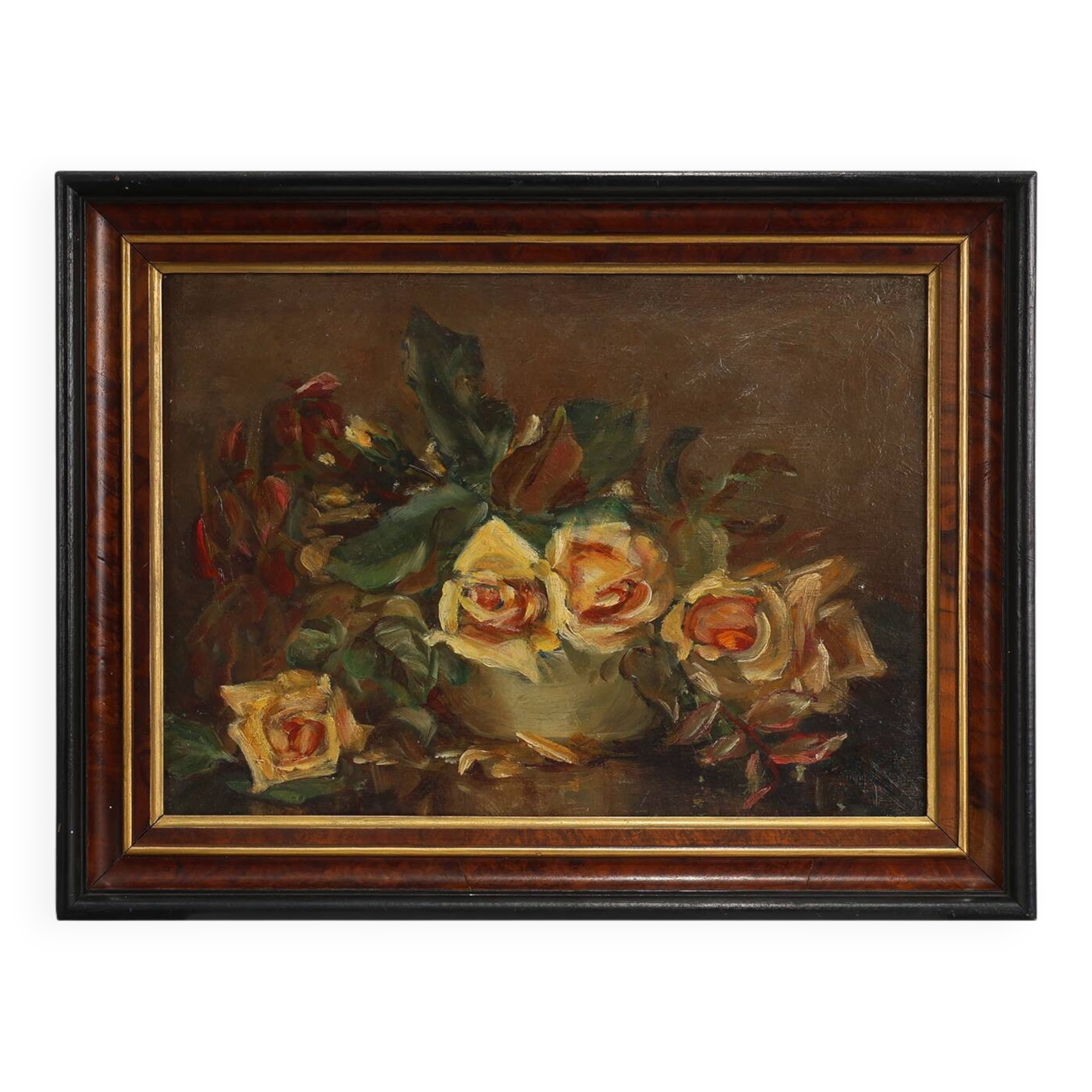 Vintage still life painting of a vase with flowers, France ca. 1940