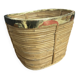 Vintage Rattan and Brass Waste Paper Basket