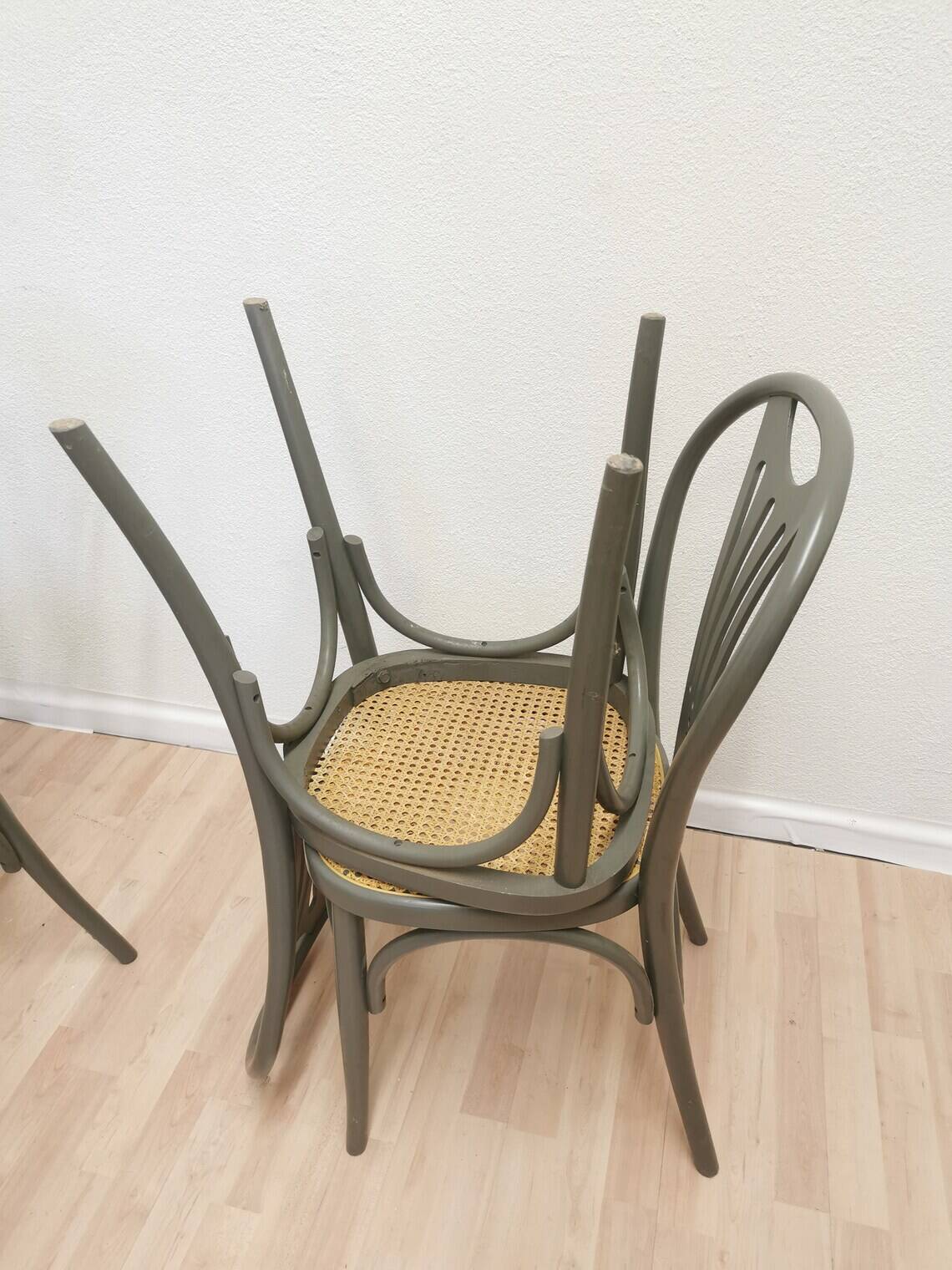 Set of 6 Vintage Gray Bentwood Dining Chair: Thonet Style Cane Seat