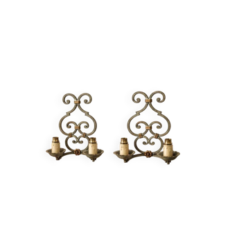 Pair of antique wrought iron wall lights gilbert poillerat baroque 1940