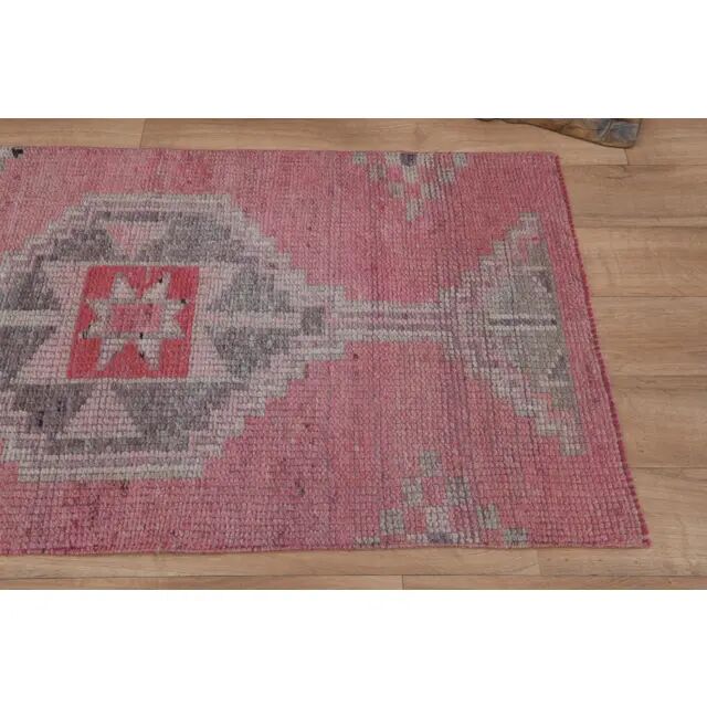 1970s Vintage Turkish Handmade Wool & Cotton Pink Runner Rug 83x307